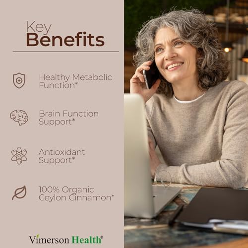 Organic Ceylon Cinnamon Capsules - Ceylon True Cinnamon Supplements (Canela de Ceylan) for Inflammation Balance, Cognitive Function, Metabolic, Antioxidant Support. Non-GMO. Vegan. 60 Caps Made in USA