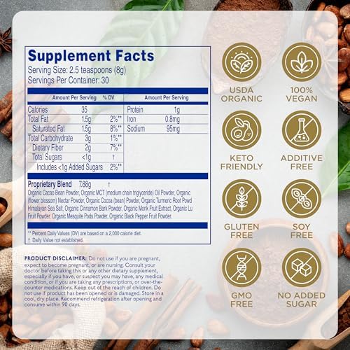 Earth Echo Cacao Bliss - Ceremonial Grade Organic Raw Cacao Powder with MCT Oil & Turmeric - Supports Energy Boost, Mindful Snacking & Focus - Unsweetened, Vegan, GMO & Gluten-Free, 30 Servings