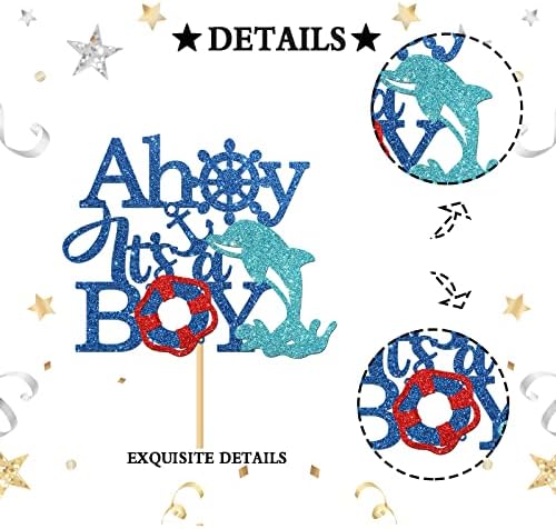 INNORU Ahoy it's a Boy Cake Topper - Ship Anchor Nautical Theme Cake Decor, Boy 1st Birthday, Gender Reveal, Oh Boy Party Cake Decorations Supplies, Navy Blue Glitter