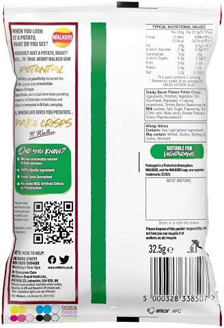 Walkers Smoky Bacon Crisps Box, 32.5 G (Case Of 32)