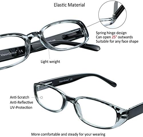VisionGlobal 4 Pairs Reading Glasses with Spring Hinge, Blue Light Blocking Glasses for Women/Men (4 Color,+2.50 Magnification)