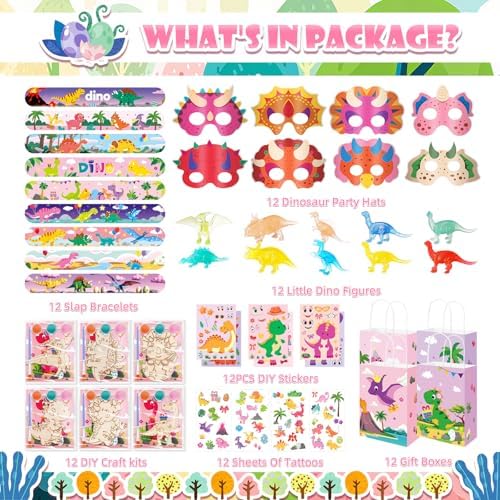 Vanblue 96Pcs Pink Dinosaur Party Favors, Dino Themed Party Birthday Decorations, Decorate The Birthday Party Supplies for The Girls, Gifts Fillers Classroom Rewards Goodie Bag Stuffers