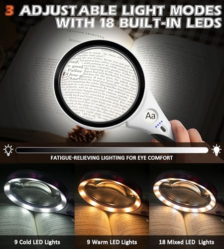 Rechargeable Magnifying Glass with Light, 10X 20X 45X Handheld Lighted Magnifier with 18 LED 3 Modes, 4.3" Anti-Glare Lens Magnifying Glassses for Seniors Reading Coins Close Work (Black)