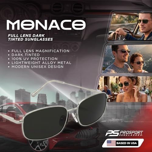 proSPORT Full Lens Sun Readers for Men Women, Non Bifocal Reading Sunglasses, Rectangle Metal Frame Smoke Lens +1.00–+3.50