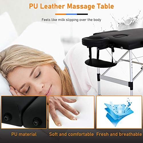 Dkeli Massage Table Foldable 73 Inch Massage Bed Portable Adjustable 2 Fold Salon Bed with Aluminium Legs, Face Cradle, Carry Case Tattoo Table Facial Table Hold Up to 450LBS, Black
