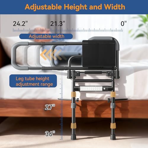Bed Rails for Elderly Adults Safety, Foldable Bed Assist Rails for Seniors with Sensor Light & Storage Pocket, Adjustable Height, 180° One-Hand Folding Bed Side Rails Fit King Queen Full Twin