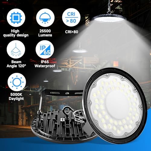 6 Pack Ultra-Thin UFO LED High Bay Light - High Heat Dissipation, 150W 25500LM 5000K Daylight, IP65 Waterproof, Plug & Play with 5ft Cord & U Bracket - LED Shop Lights for Warehouse, Workshop