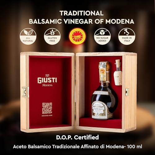 Giusti Traditional Aged Balsamic Vinegar of Modena DOP – 25 Years, Extravecchio Aceto Balsamico Tradizionale di Modena, Made in Italy Gift Set With Wooden Box – 3.4 fl oz (100 ml) - Pack of 1