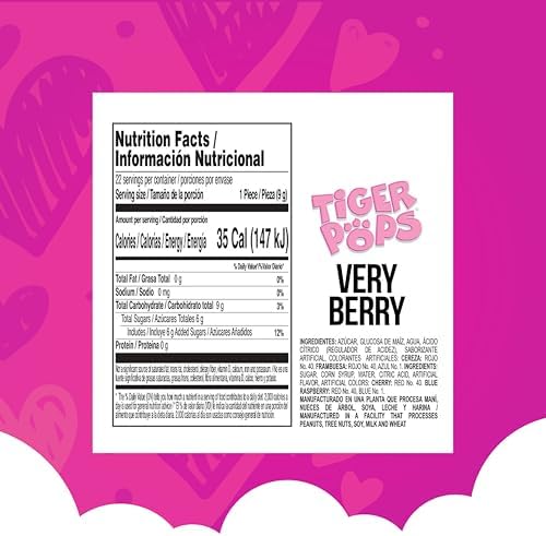 Colombina Very Berry Tiger Pops Heart Shaped Lollipops Cherry Blue Raspberry Individually Wrapped Candy for Parties Classroom Exchange Kids Treats, 22 Count (Pack of 1)