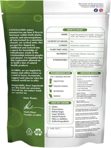 MRM Nutrition Organic Fermented Cacao Powder - Premium Superfood Powder from Peruvian Cacao Beans, Antioxidant Rich, Flavonoids, Unsweetened, Vegan, Gluten Free, non-GMO - 43 Servings