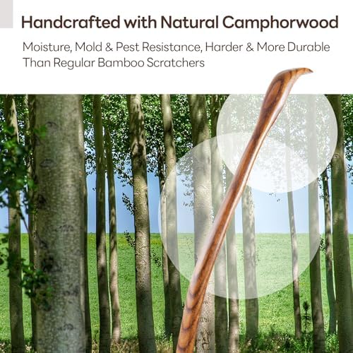 Tomorotec Long Reach 17.5" Wooden Back Scratcher with Curved Bent Handle, Lightweight & Durable Hand-Carved Camphor Wood, Easy Grip for Hard-to-Reach Itches, Natural Wood Body Scratch Tool
