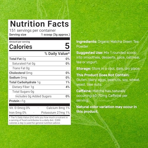 Organic Matcha Green Tea Powder, 1 lb (454g) | First Harvest, Culinary Grade | Japanese Sourced Cafe Mix | Zero Sugar, Keto Friendly, Non-GMO, Vegetarian