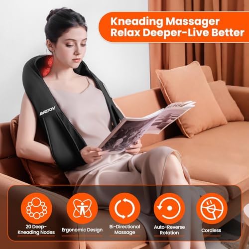 AMZPONY® Cordless Neck Massager for Pain Relief Deep Tissue, Rechargeable Shiatsu Neck and Back Massager with Heat Kneading Shoulder Massage for Body Muscle Pain Relief,Gifts for Mom Dad Friends