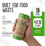 Eco Green Living 10 Litre Compostable Bin Liners, Plastic Free & Recyclable Caddy Bags for Food Waste, Leak Resistant Small Bin Liners, 51 x 82 cm, 72 Bags - Quad Pack