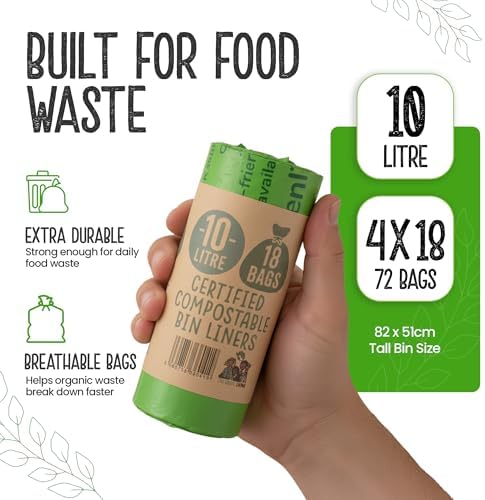 Eco Green Living 10 Litre Compostable Bin Liners, Plastic Free & Recyclable Caddy Bags for Food Waste, Leak Resistant Small Bin Liners, 51 x 82 cm, 72 Bags - Quad Pack
