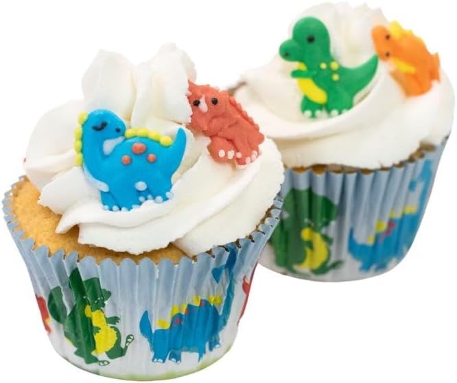 Baked with Love Dinosaur Cupcake Decorations, Bright and Colourful Handmade Edible Sugar Pipings For Cakes - Pack of 12 (0650132)