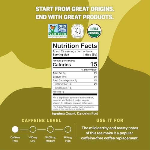 FGO Organic Dandelion Root, Cut and Sifted Loose Tea, 4 Ounce Resealable Bag, Packaging May Vary (Pack of 1)