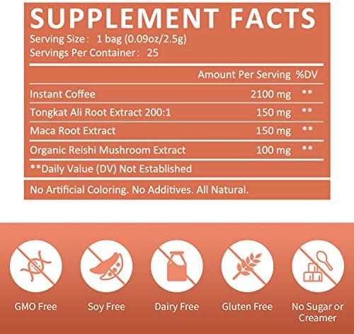 GANOHERB Maca Energy Coffee for Men, Women Herbal Coffee with Tongkat Ali, Maca Root, Reishi Mushroom Extract for Energy & Focus - 1 box (25 Packets)