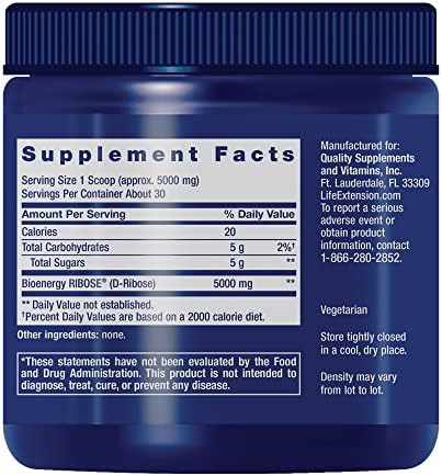 Life Extension D-Ribose Powder, Dissolve in Liquid to Encourage Cellular Energy Production and Support Heart and Muscle Health, Gluten-Free, Non-GMO, Vegetarian, 150 Grams