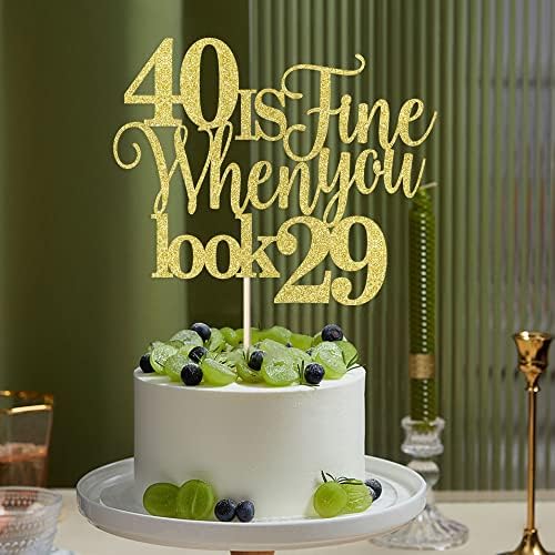40 Is Fine When You Look 29,Funny 40th Birthday Cake Topper, Cheers to 40 Party Decorations,40 Anniversary Birthday Cake Decorations Supplies (gold)