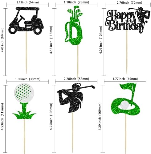 Ephlyn 24Pcs Golf Cupcake Toppers Glitter Trophy Lawn Golf Shoes Bag Ball Carts Cupcake Picks for Golf Sports Player Theme Baby Shower Birthday Party Cake Decorations Supplies