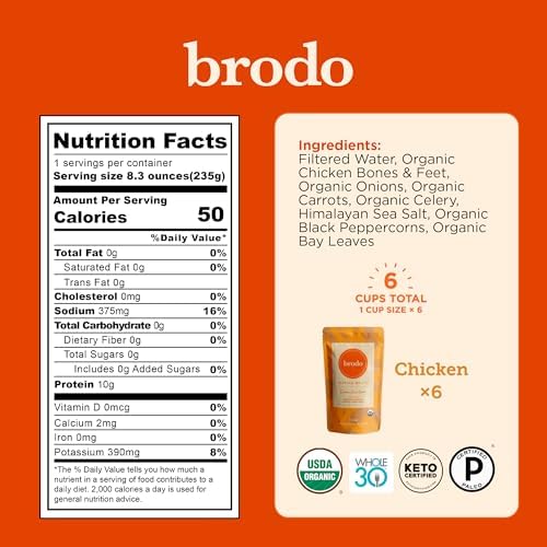 Brodo Organic Chicken Broth | Nutrient Dense, Chef Crafted Bone Broth in Single Serving Pouches | Not Made From Concentrate, No Preservatives (6x 8.3 oz Pouches)
