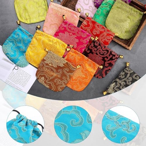 Huquary 60 Pcs Silk Jewelry Pouch Drawstring Gift Bags Bulk 4 x 4 Inches Potli Bags for Return Gifts Indian Diwali Gift Bag Mini Satin Brocade Embroidered Coin Purse for Women Selling Pooja