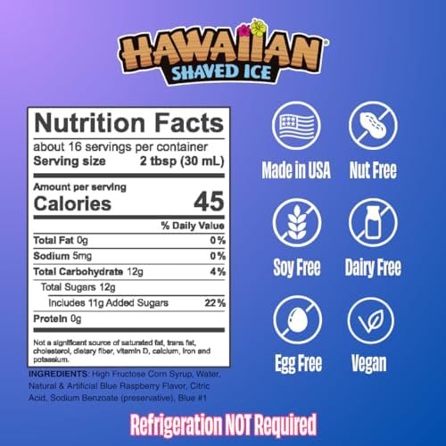 Hawaiian Shaved Ice Blue Raspberry Syrup - Made Nut Soy Dairy Free in the USA - Flavor Fluffy Shaved & Crunchy Snow Cone - Shelf Stable After Opening - Makes 8 Servings - 16 ounces
