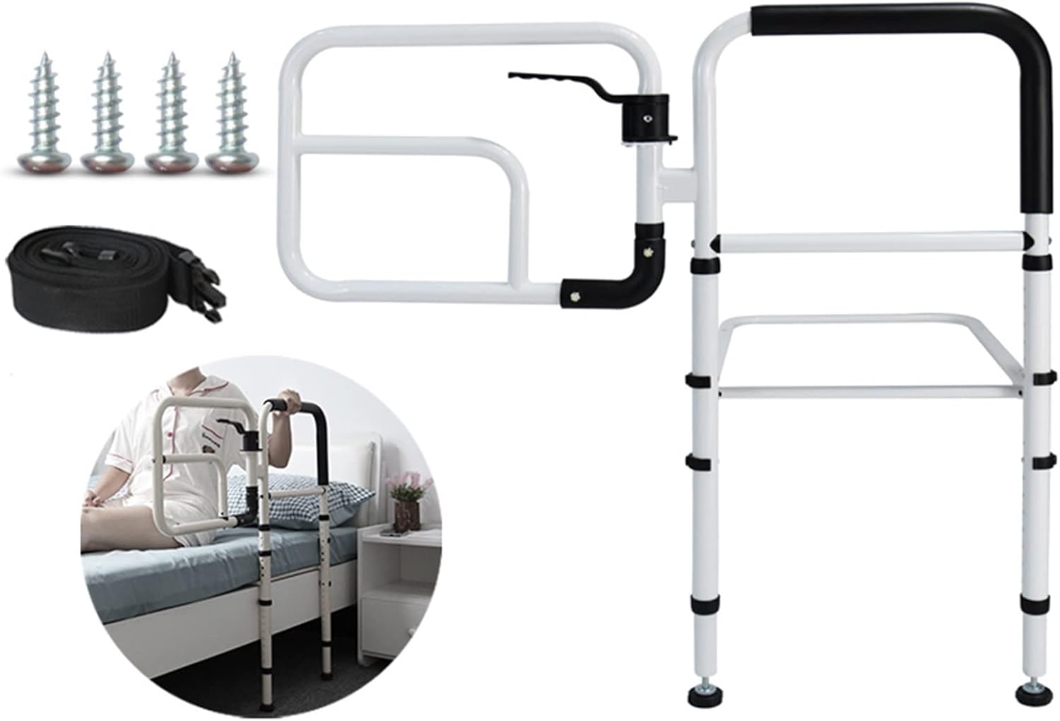 Rotatable Bed Rail, Safety Bed Handle Hand Guard, Seniors Bed bar with Storage Pocket, Bedside Standing Assist Grab Bar, Can Hold 300 lbs