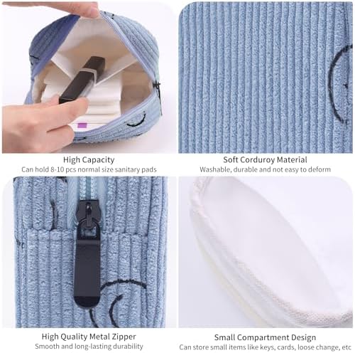 Sanitary Napkin Storage Bag, Corduroy Period Bag for Women, Cute Portable Period Pouch with Zipper, Sanitary Pads Bag Tampons Holder for Purse, First Period