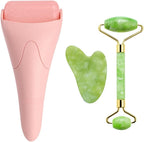 AECW 3-in-1 Natural Jade Roller and Gua Sha Set for Face and Eye Ice Roller Facial Cooling Massage Roller