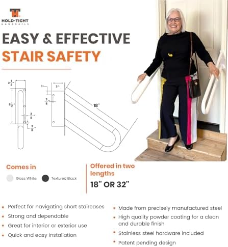 Hold Tight Handrails Steel Jamb-Mount Handrail - Heavy Duty Stair Railing for Decks, Porch, Mobile Homes, Short Stairway - Weatherproof & Non-Slip Powder Coated Finish - [Left Handed], [18"], [Black]