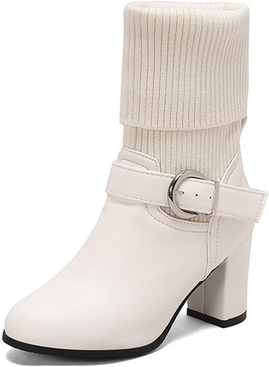 Women's Leather Knitted Chunky Heel Fashion Ankle Boots Closed Pointed Buckle Decoration Block Heel Non-Slip Warm Socks Business Party Slip-On Mid-Calf Formal Boots
