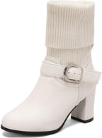 Women's Leather Knitted Chunky Heel Fashion Ankle Boots Closed Pointed Buckle Decoration Block Heel Non-Slip Warm Socks Business Party Slip-On Mid-Calf Formal Boots