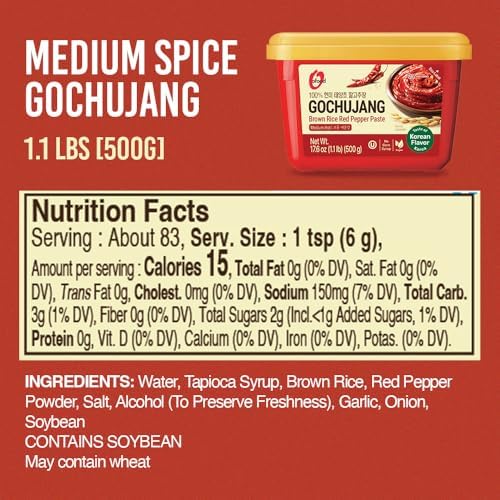 Gochujang – Premium Korean Red Chili Paste [ Medium | 1.1 lb (500g) ] – 0 Fat/ 0 Cholesterol / (40 Calories/Serving) | Spicy & Sweet Savory Fermented Sauce | Great for Bibimbap, Marinades, Stews & BBQ - O’food