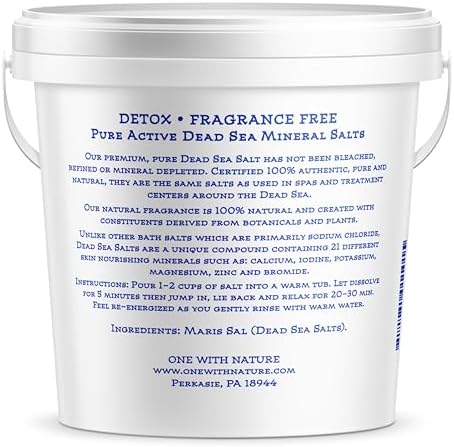 One With Nature 100% Pure Dead Sea Salt for Bath, 5lb Unscented. Dead Sea Salt is high in Essential Minerals, Such as Magnesium, Sulfur, Zinc, Potassium. Exfoliates, Nourishes Skin, Helps Restore pH