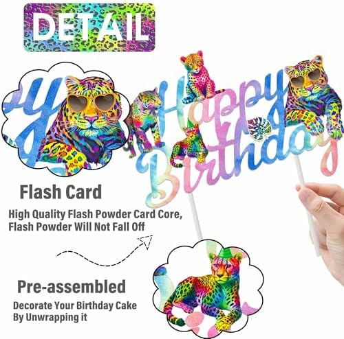 Rainbow Cheetah Cake Topper Neon Leopard Birthday Cake Decorations Cheetah Print Cake Picks Colorful Leopard Birthday Decor for Safari Animals Baby Shower Supplies