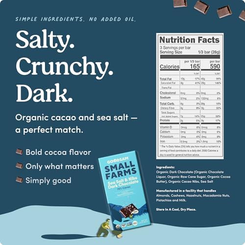 GoodSAM Organic Sea Salt & Nibs 70% Dark Chocolate (Pack of 3) - Non GMO, Vegan, Regenerative Farming, Direct Trade