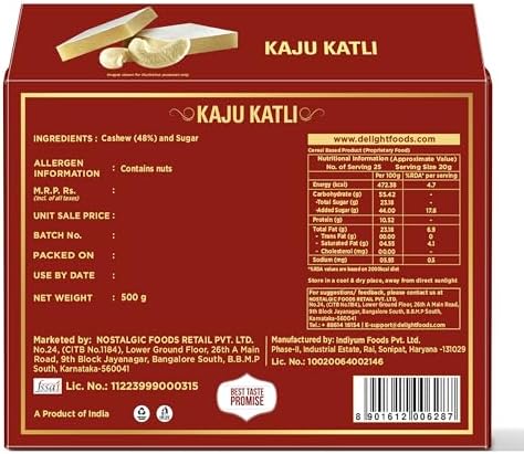 Delight Foods Premium Kaju Katli Katri Barfi 500g | Authentic & Fresh | Indian Sweet Made with Cashew Nuts | Festive Sweets Mithai Gift Pack