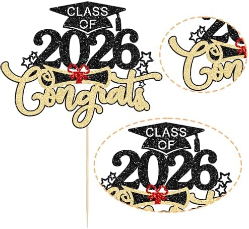 1Pc Class of 2026 Cake Topper Glitter Congrats Grad Cap 2026 Graduation Cake Pick Decorations for 2026 Graduation Theme High School Boys Girls Graduate Party Cake Decorations Supplies Black Gold
