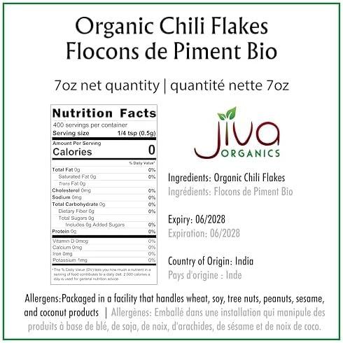 Jiva Organic Chili Flakes 7oz Bag - Crushed Red Pepper Medium Heat, 100% Natural & Non-GMO