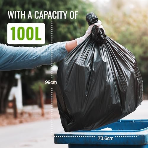 20 Pack Extra Strong Heavy Duty Refuse Sacks - 100L - 33 Microns - Recyclable Bin Bags, Leak Resistant, Eco-Friendly, Durable Waste Disposal Bags for Household & Commercial Use (736x990mm)