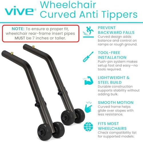 Vive Wheelchair Anti Tippers - Durable Anti Roll Back Accesory for Medical Wheelchairs, Transport Chairs, Heavy Duty, Bariatric - Added Stability & Safety for Mobility Aids (Curved)
