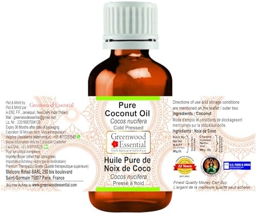 Greenwood Essential Organic Natural Virgin Coconut Oil (Cocos nucifera) 100% Natural Therapeutic Grade Cold Pressed for Personal Care 50ml (1.69 oz)