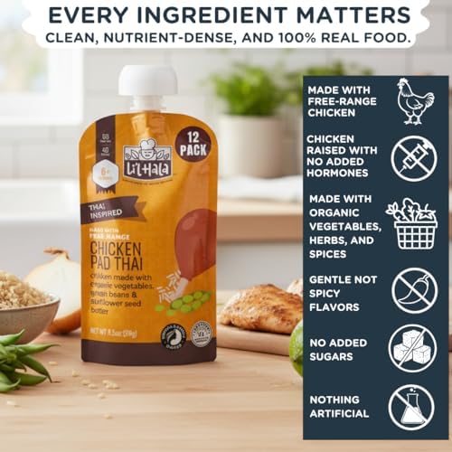 Li'l Hala Chicken Baby Food Meat Pouch | Pad Thai (12 ct) | 6+ Months Savory Baby Food Pouches with Protein and Organic Veggies, Nutrient Packed Toddler Snacks with Iron & Fiber | Stage 2 Meat Puree
