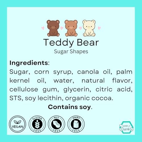 12 Dye Free Teddy Bear Edible Sugar Decorations, Vegan, Gluten-Free, Edible Cake Toppers for Cupcakes, Cookies & Desserts, by Simply Sucré (12 Teddy Bears)