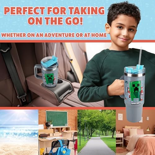 Get Trend Minecraft Kids Tumbler with Straw 28oz Insulated Cup with Lid Handle No Spill Travel Mug School Sports Drinking Cup Gifts for Kids (Grey Minecraft)
