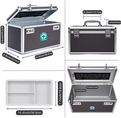 Lockable Medication Box with Portable Storage Case, 15''x 8.7''x 9.3'', Childproof Medicine Lock Organizer, Lockbox for Documents & Valuables (BROWN)