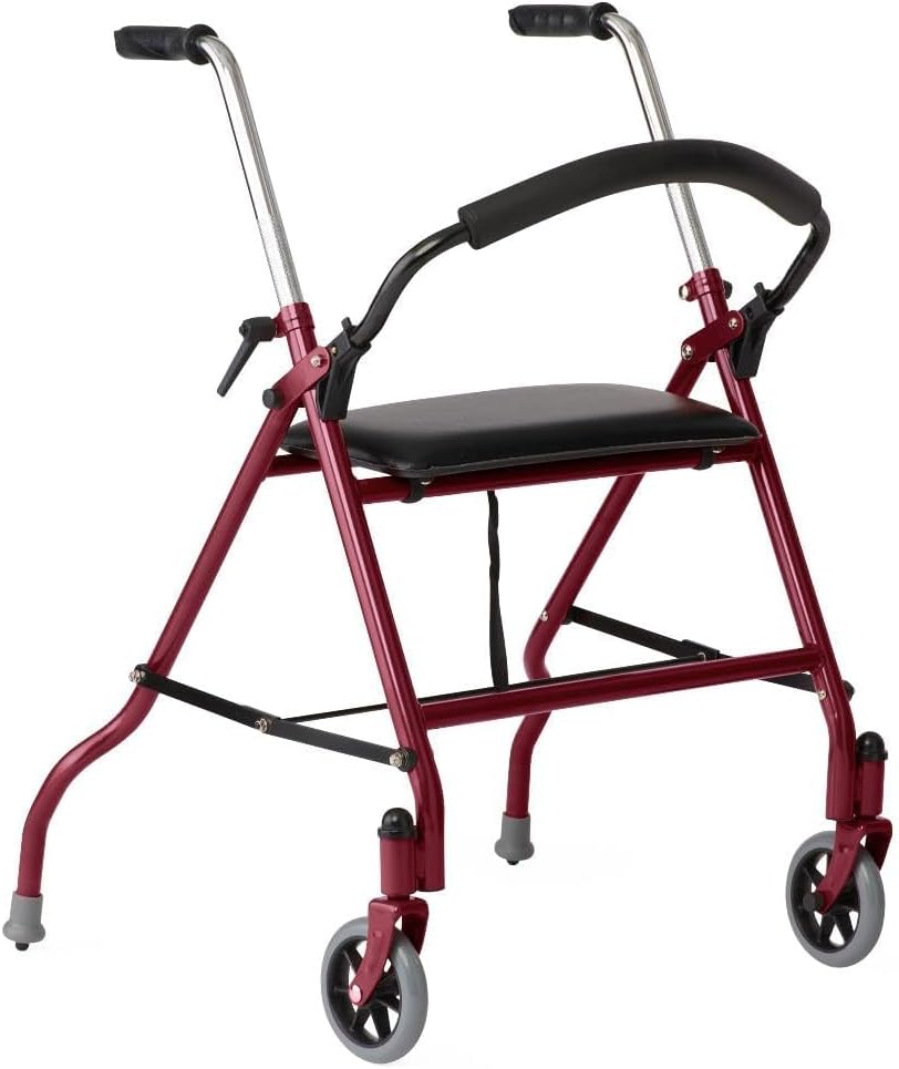 Medline 2-Wheel Rollator Walker, for Adults and Seniors, 300 lb. Weight Capacity, Burgundy, 5-Inch Wheels, Padded Seat, Foldable, Adjustable Handles, Pressure-Activated Brakes