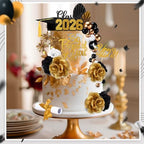 Sureio 48 Pcs Graduation Cake Toppers Class of 2026 Congrats Grad Cake Decor Graduation Cap Diploma Artificial Flowers Cards Balls Palm Leaves Firework Sticks Kit for Theme Party Supplies(Black)